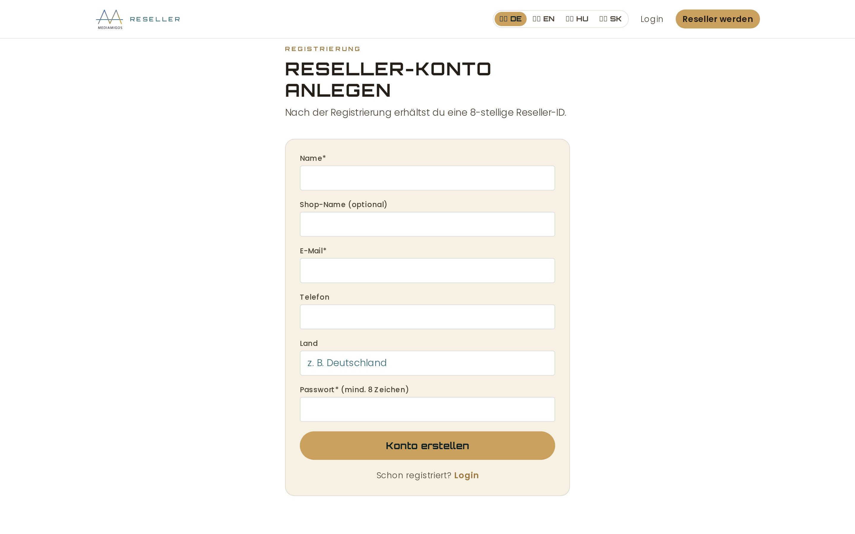 Registrierungsformular für ein MediaMigos Reseller-Konto mit Name, Firma, Kontakt und Passwort