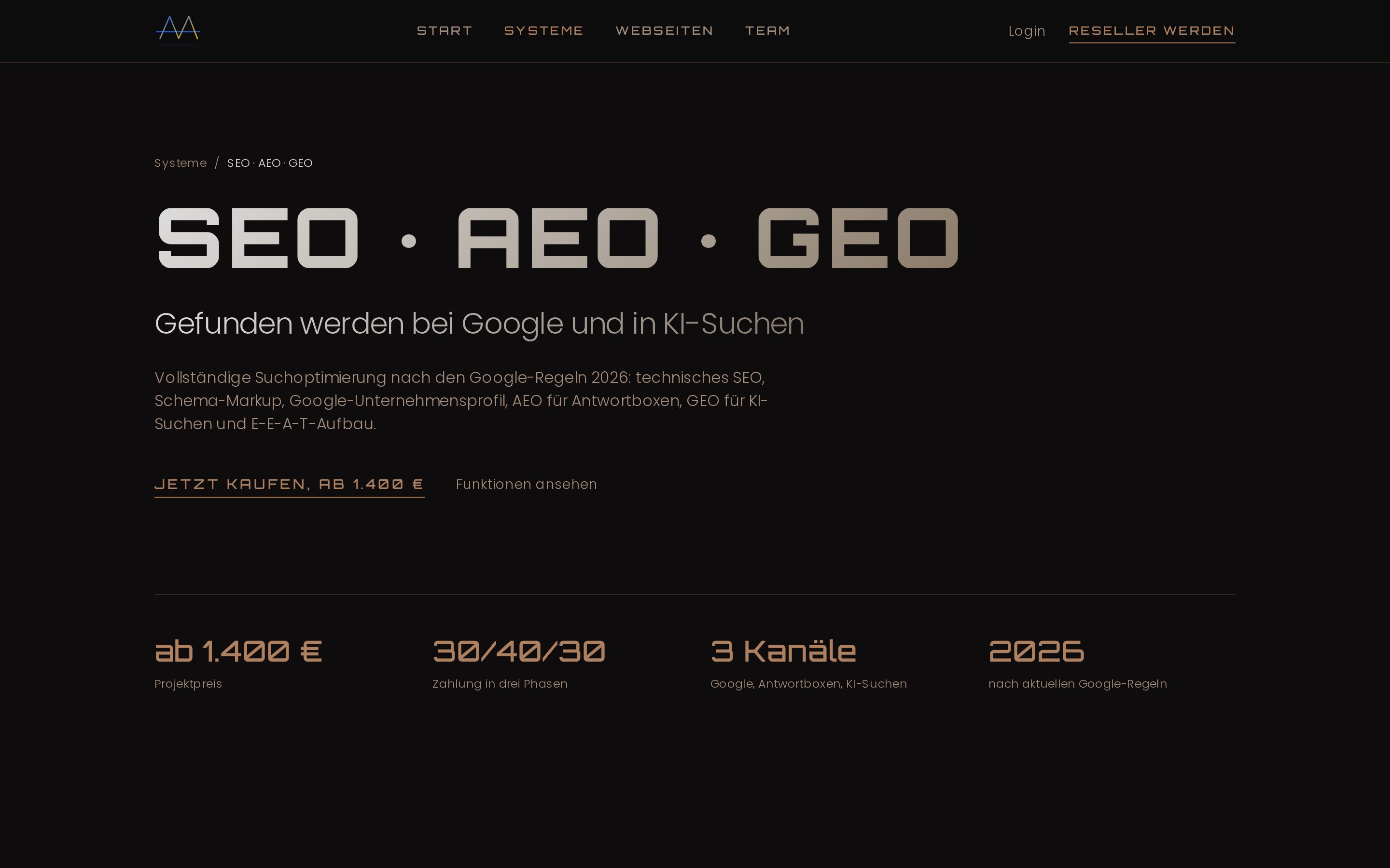 Verkaufsseite für SEO, AEO und GEO mit Projektpreis und Zahlung in drei Phasen