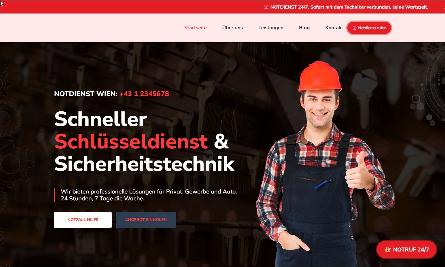 Webseite fuer einen Schluesseldienst mit Notdienst-Leiste und Anfrage-Buttons