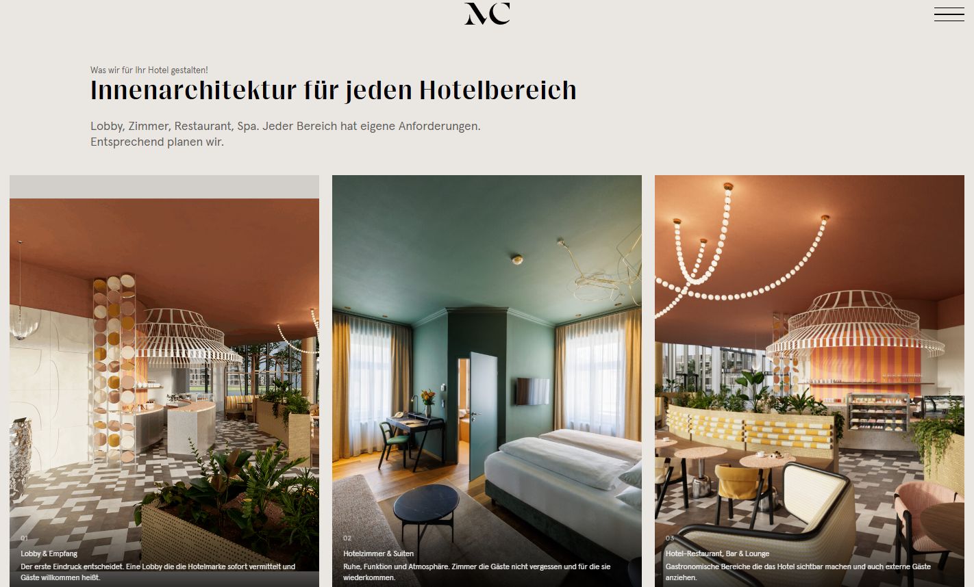 Premium-Seite fuer Innenarchitektur mit Bildstrecke der Hotelbereiche